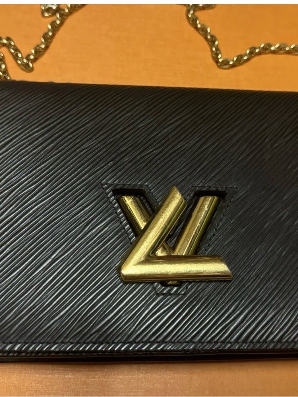 Louis Vuitton Black Epi Leather Chain Clutch with Gold LV Logo